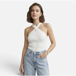 NWT White Criss-Cross Halter Top Cropped Ribbed Knit Tank Women’s Size XL NEW
